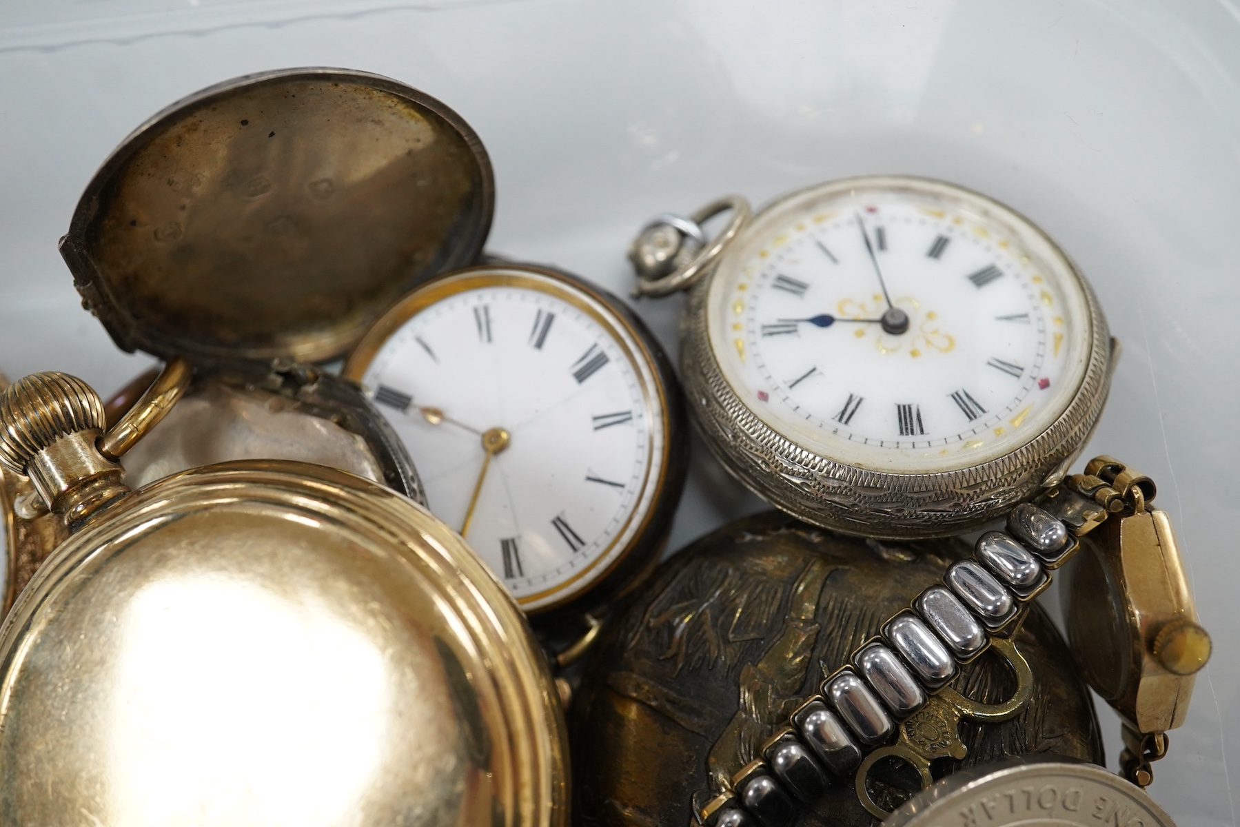 Seven assorted pocket and fob watches including a gold plated hunter by Thomas Russell & Son and an open faced Waltham, together with four other items including three wrist watches.